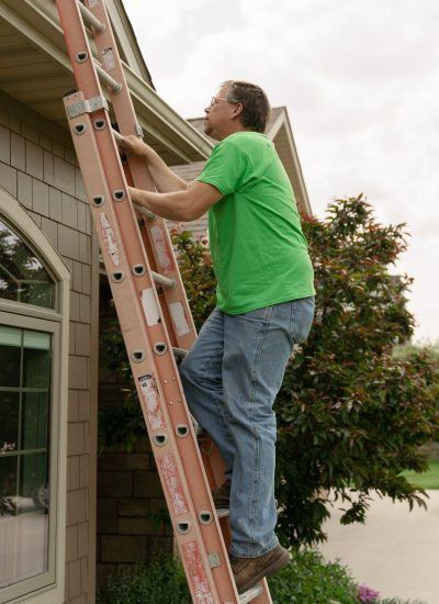 Handyman climbing a ladder